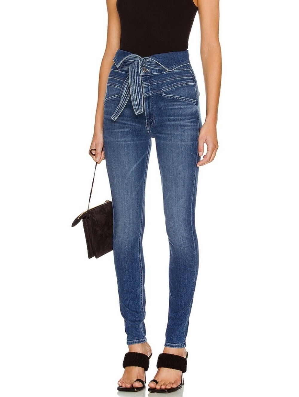 MOTHER The Triple Stack Looker Belted Skinny Jeans Medium Wash High-Rise Sz 25
